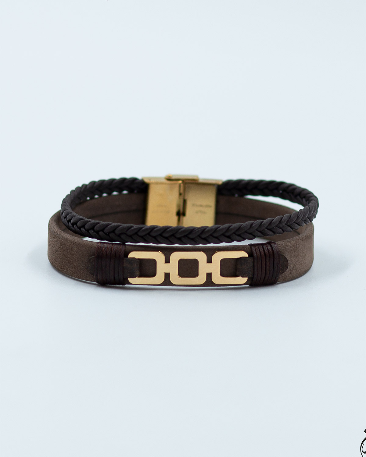 دستبند چرم لبتا خاکی  طرح سه مربع